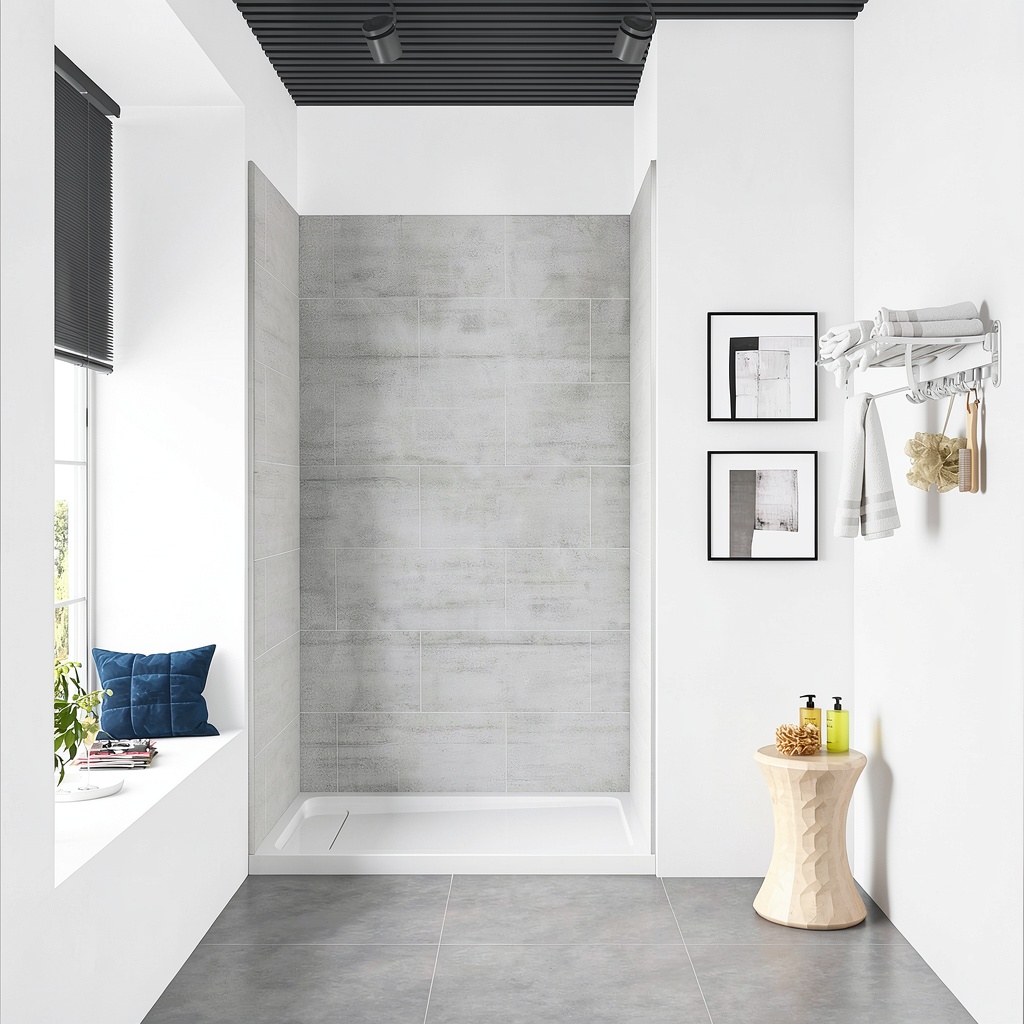 Installing Ove Decors Grey Shower Wall Set for Bathroom on a tiled floor